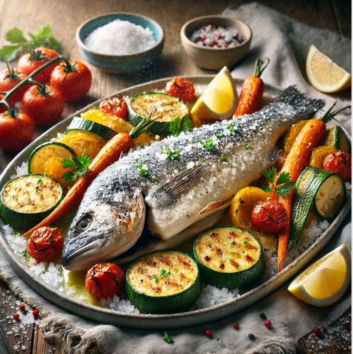 Lubina a la sal con verduras